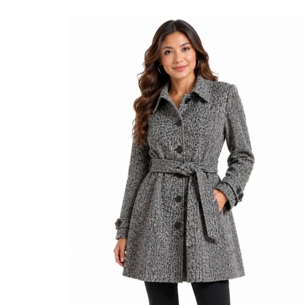 Weather Tamer Herringbone Wool Blend Trench Coat Belted Black White XL 72-43